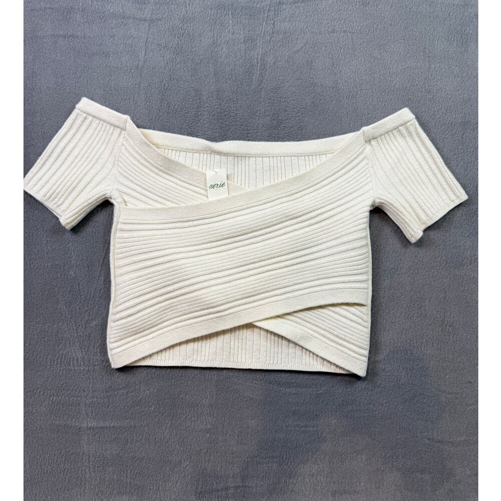 NWT Aerie Ribbed Off Shoulder Crop Top Medium Cream Short Sleeve Stretch